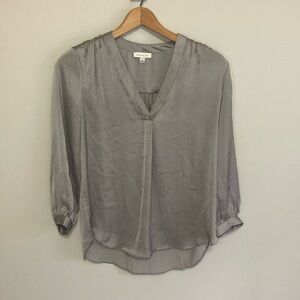 Alex & Lili Gray Satin Blouse, V-neck, Size Small